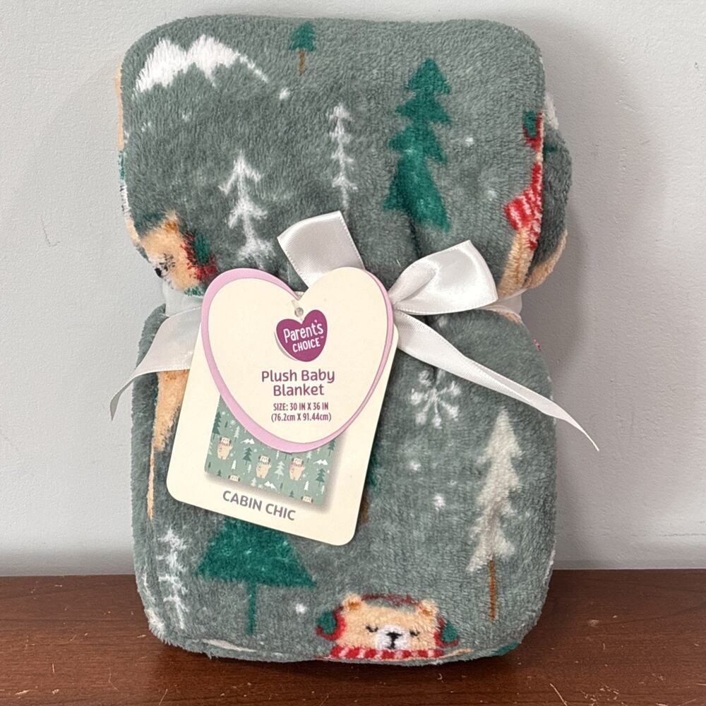 Parents Choice CHRISTMAS BEAR Tree Green Plush Baby Blanket CABIN CHIC New